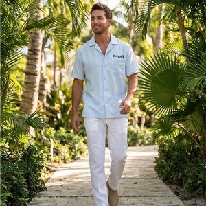 Disneylight Blue Resort Button-Down Shirt with Navy Embroidery